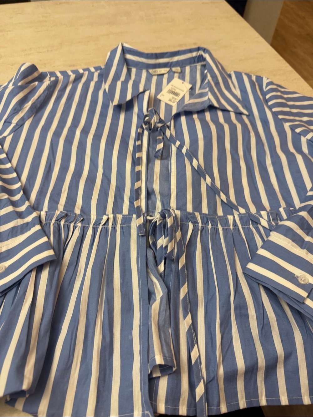 Cato Blue & White Striped Peplum Tie-Front Blouse